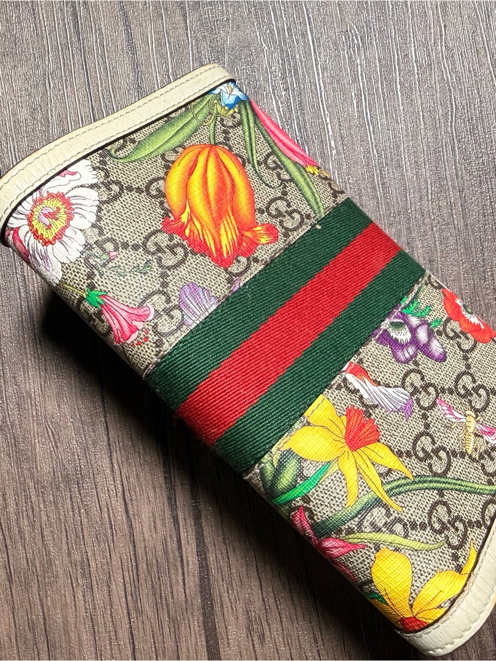 AUTHENTIC Gucci Floral GG Supreme Continental Wallet in Beige with Green-Red Web - Picture 5 of 5